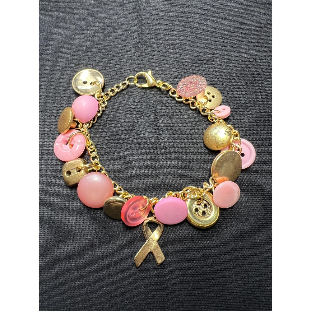 Vintage Button Charm Bracelet: Breast‎ Cancer Awareness Pink & Gold Buttons 8"